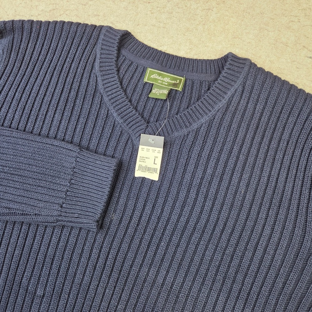 Eddie Bauer Men's Large Ribbed 100% Cotton V-Neck Sweater Blue Chunky Australia